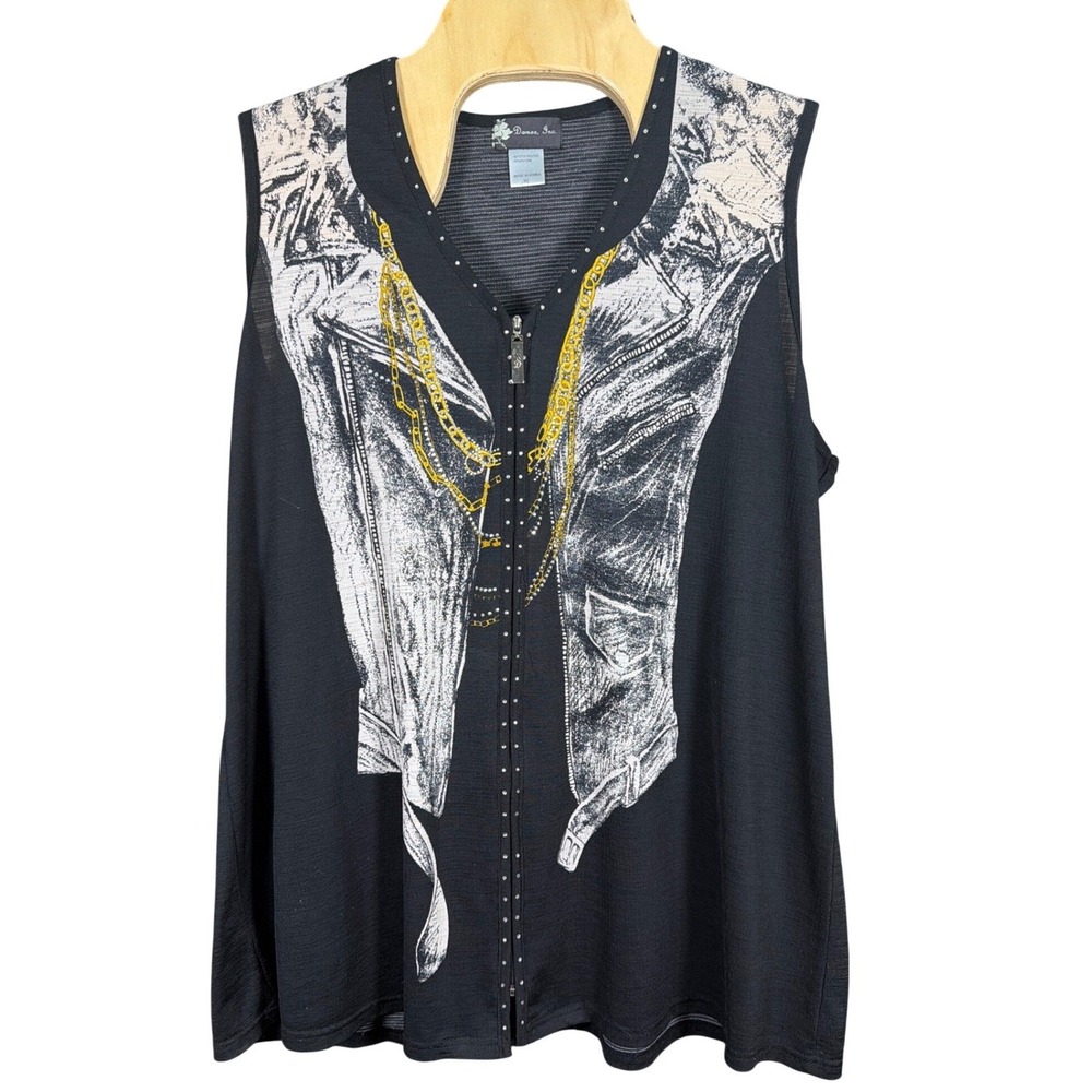 Damee Inc Womens XL Black Trompe Loeil Moto Jacket Graphic Zip Sleeveless Top